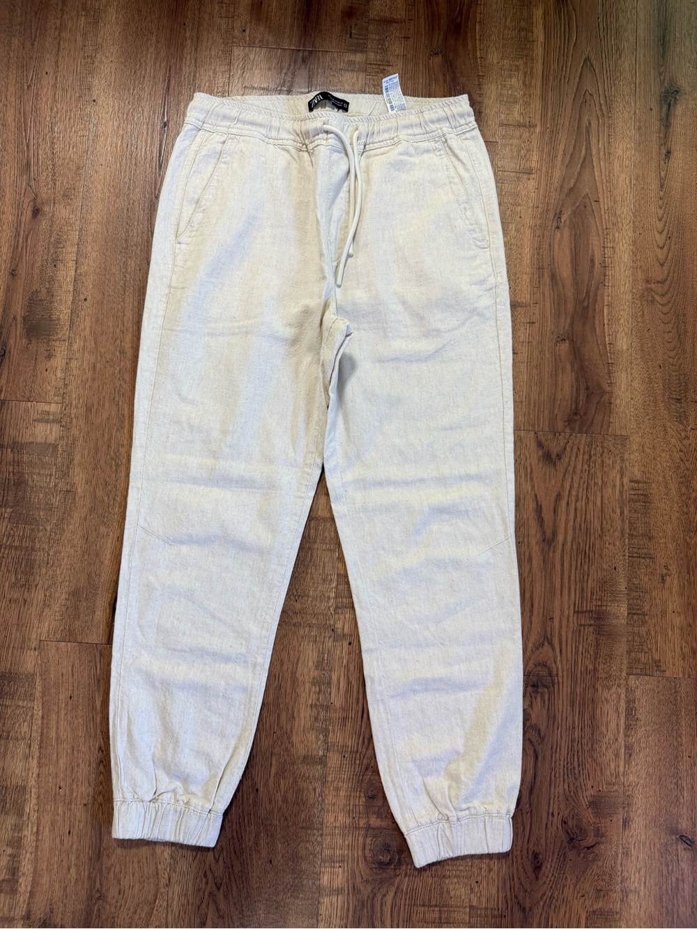 Zara Women's Beige Cotton Jogger Pants L Drawstring Elastic Waist Pockets